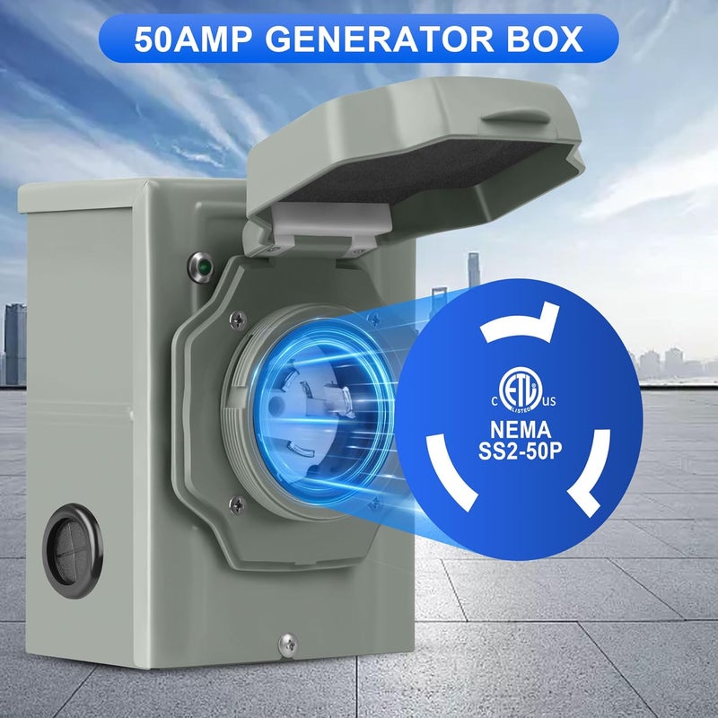 KTOEBYCO 50 Amp Generator Inlet Box, NEMA SS2-50 Pre-Drilled Power Inlet Box for 3 Prong Generator Cord, 125/250V, 12500Watts Inlet Box with LED Power Indicator for Weatherproof Outdoor Use, ETL Listed - Image 2